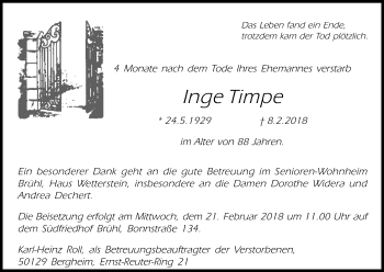 Anzeige von Inge Timpe von Kölner Stadt-Anzeiger / Kölnische Rundschau / Express