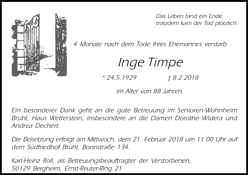  Traueranzeige für Inge Timpe vom 20.02.2018 aus Kölner Stadt-Anzeiger / Kölnische Rundschau / Express