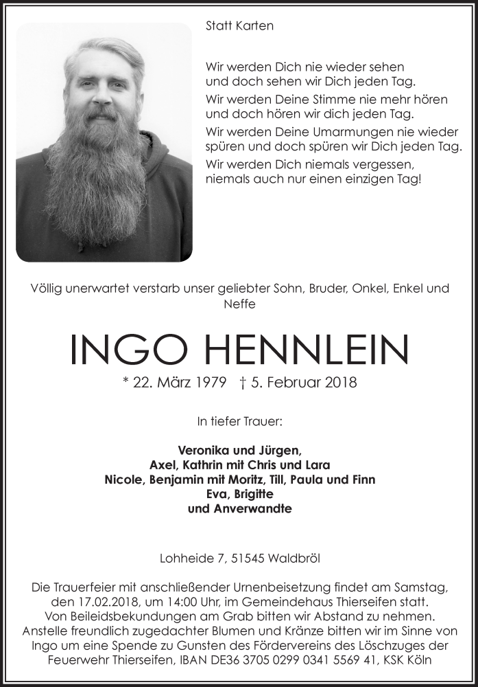  Traueranzeige für Ingo Hennlein vom 14.02.2018 aus  Lokalanzeiger 