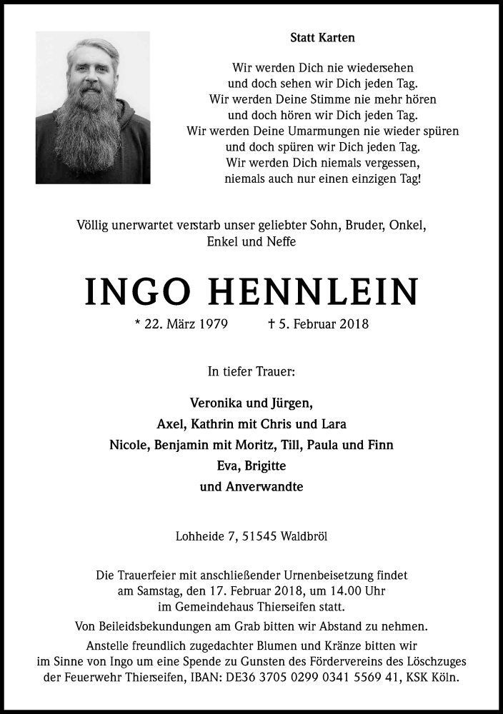  Traueranzeige für Ingo Hennlein vom 13.02.2018 aus Kölner Stadt-Anzeiger / Kölnische Rundschau / Express