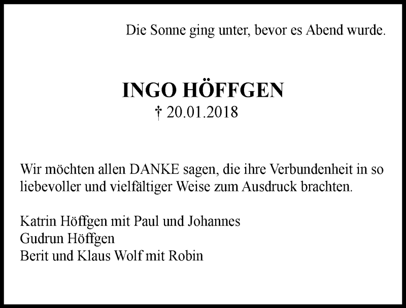  Traueranzeige für Ingo Höffgen vom 28.02.2018 aus  Lokalanzeiger 