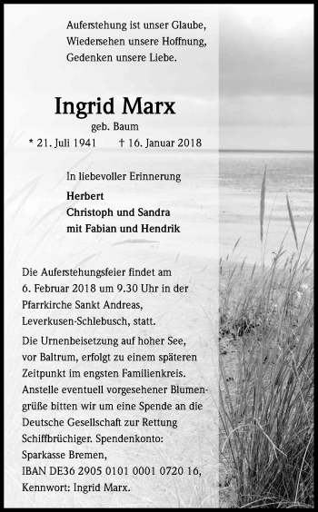 Anzeige von Ingrid Marx von Kölner Stadt-Anzeiger / Kölnische Rundschau / Express