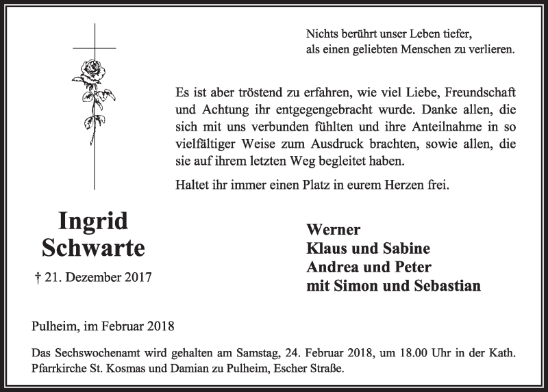  Traueranzeige für Ingrid Schwarte vom 03.02.2018 aus  Sonntags-Post 