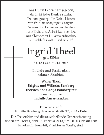 Anzeige von Ingrid Theel von  Kölner Wochenspiegel 