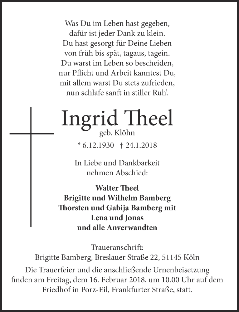  Traueranzeige für Ingrid Theel vom 07.02.2018 aus  Kölner Wochenspiegel 