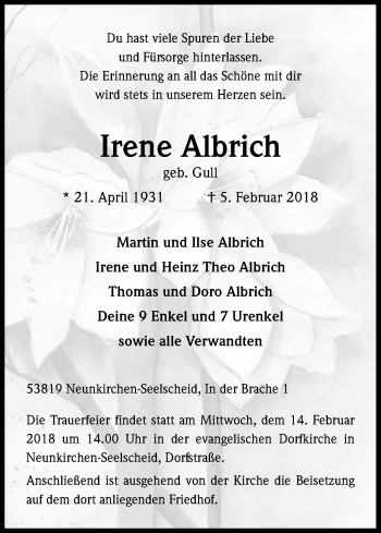 Anzeige von Irene Albrich von Kölner Stadt-Anzeiger / Kölnische Rundschau / Express