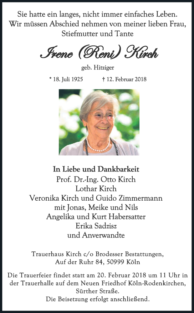  Traueranzeige für Irene Kirch vom 17.02.2018 aus Kölner Stadt-Anzeiger / Kölnische Rundschau / Express