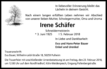 Anzeige von Irene Schäfer von Kölner Stadt-Anzeiger / Kölnische Rundschau / Express