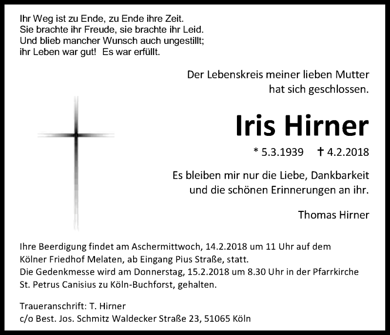  Traueranzeige für Iris Hirner vom 10.02.2018 aus Kölner Stadt-Anzeiger / Kölnische Rundschau / Express
