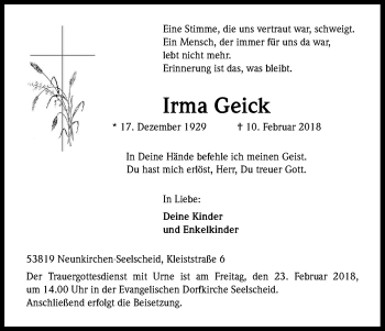 Anzeige von Irma Geick von Kölner Stadt-Anzeiger / Kölnische Rundschau / Express