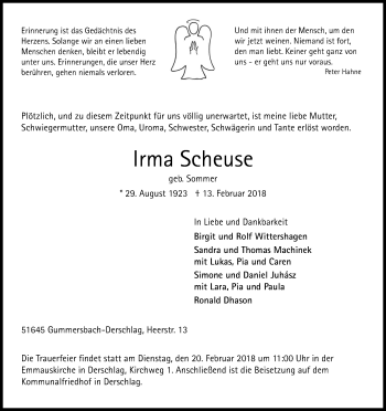 Anzeige von Irma Scheuse von Kölner Stadt-Anzeiger / Kölnische Rundschau / Express
