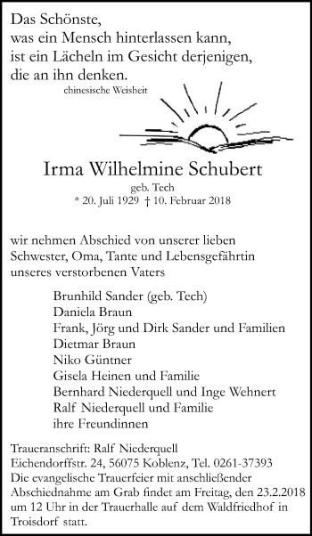 Anzeige von Irma Wilhelmine Schubert von Kölner Stadt-Anzeiger / Kölnische Rundschau / Express