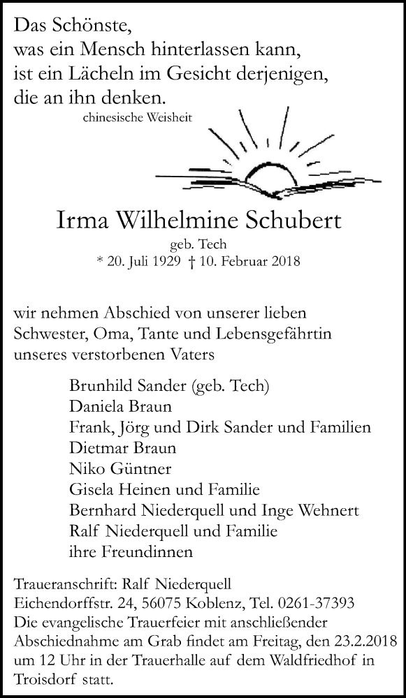  Traueranzeige für Irma Wilhelmine Schubert vom 17.02.2018 aus Kölner Stadt-Anzeiger / Kölnische Rundschau / Express