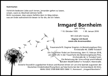 Anzeige von Irmgard Bornheim von Kölner Stadt-Anzeiger / Kölnische Rundschau / Express