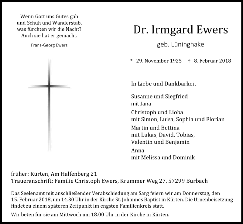  Traueranzeige für Irmgard Ewers vom 10.02.2018 aus Kölner Stadt-Anzeiger / Kölnische Rundschau / Express