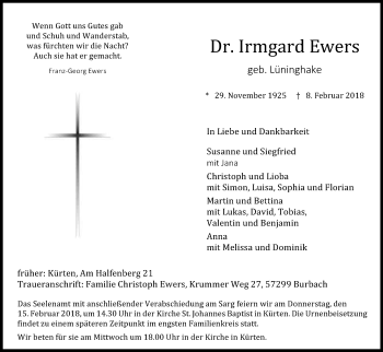 Anzeige von Irmgard Ewers von Kölner Stadt-Anzeiger / Kölnische Rundschau / Express