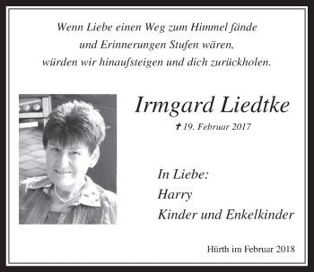 Anzeige von Irmgard Liedtke von  Wochenende 