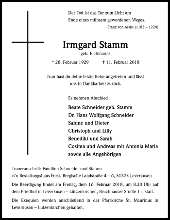 Anzeige von Irmgard Stamm von Kölner Stadt-Anzeiger / Kölnische Rundschau / Express