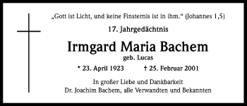 Anzeige von Irmgard Maria Bachem von Kölner Stadt-Anzeiger / Kölnische Rundschau / Express