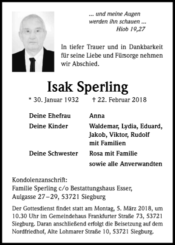 Anzeige von Isak Sperling von Kölner Stadt-Anzeiger / Kölnische Rundschau / Express