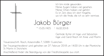 Anzeige von Jakob Bürger von  Blickpunkt Euskirchen 