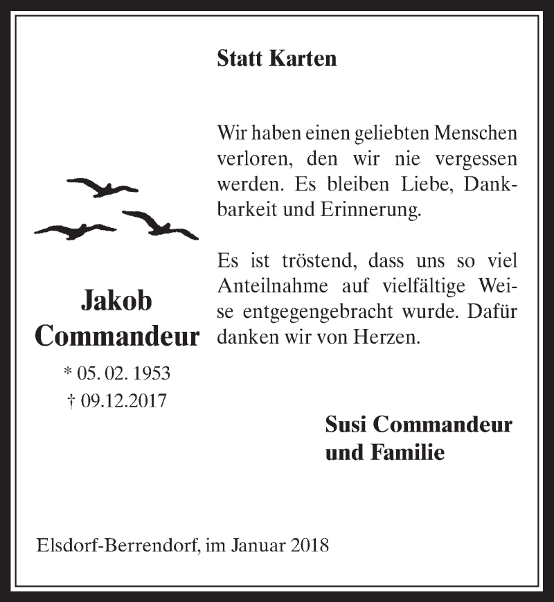  Traueranzeige für Jakob Commandeur vom 31.01.2018 aus  Werbepost 