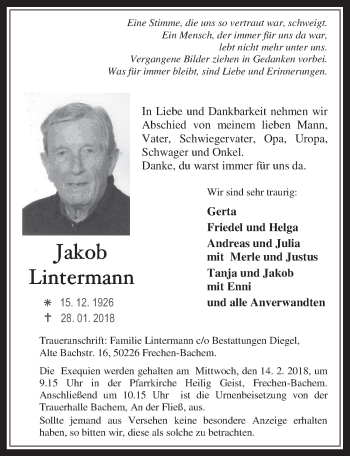 Anzeige von Jakob Lintermann von  Wochenende 