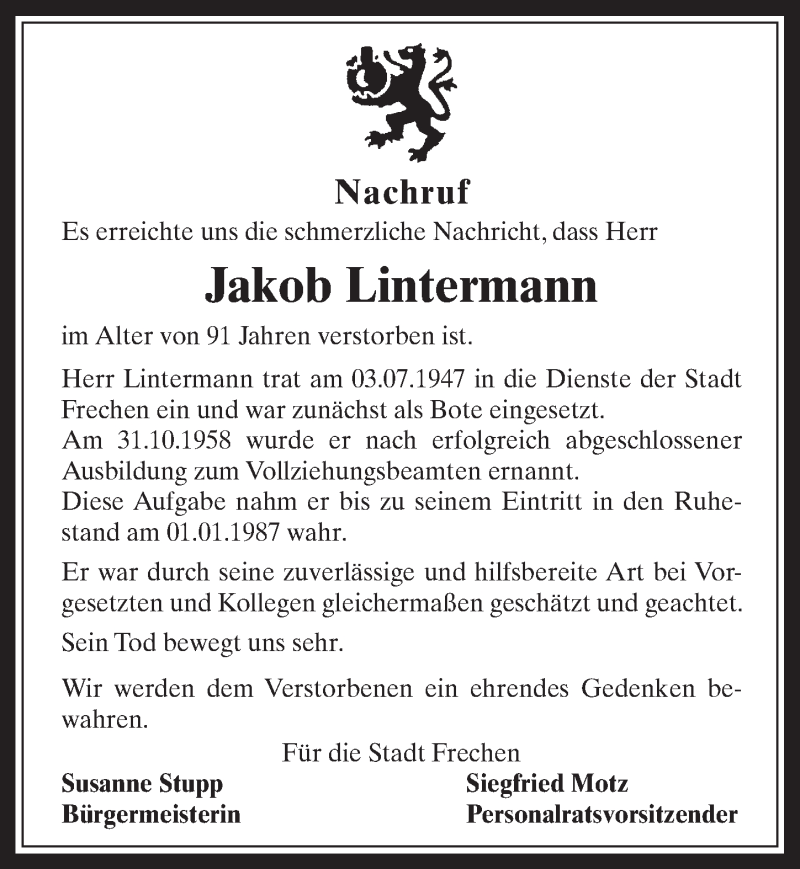  Traueranzeige für Jakob Lintermann vom 07.02.2018 aus  Wochenende 