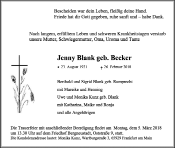 Anzeige von Jenny Blank von Kölner Stadt-Anzeiger / Kölnische Rundschau / Express