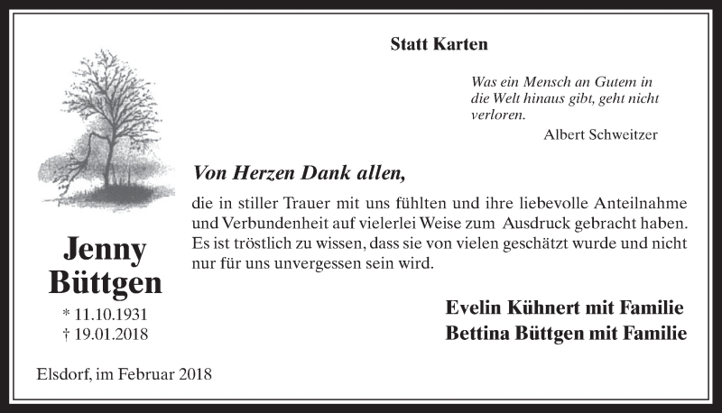  Traueranzeige für Jenny Büttgen vom 21.02.2018 aus  Werbepost 