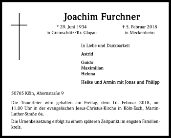 Anzeige von Joachim Furchner von Kölner Stadt-Anzeiger / Kölnische Rundschau / Express