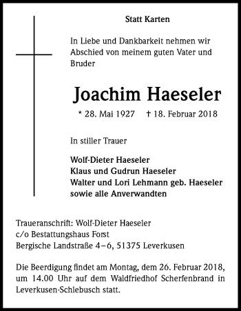 Anzeige von Joachim Haeseler von Kölner Stadt-Anzeiger / Kölnische Rundschau / Express