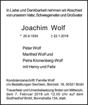 Anzeige von Joachim Wolf von  Schlossbote/Werbekurier 