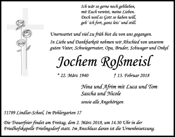 Anzeige von Jochem Roßmeisl von Kölner Stadt-Anzeiger / Kölnische Rundschau / Express