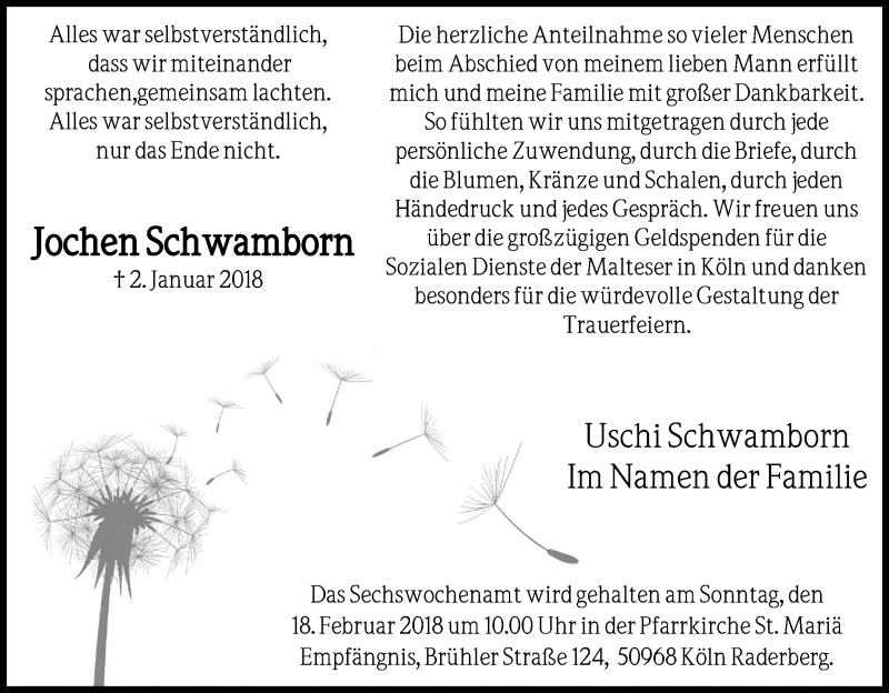  Traueranzeige für Jochen Schwamborn vom 03.02.2018 aus Kölner Stadt-Anzeiger / Kölnische Rundschau / Express