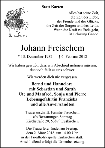 Anzeige von Johann Freischem von  Blickpunkt Euskirchen 