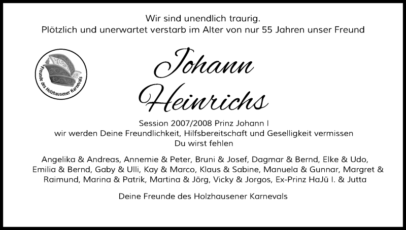  Traueranzeige für Johann Heinrichs vom 03.02.2018 aus Kölner Stadt-Anzeiger / Kölnische Rundschau / Express