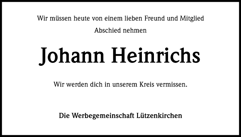  Traueranzeige für Johann Heinrichs vom 16.02.2018 aus Kölner Stadt-Anzeiger / Kölnische Rundschau / Express