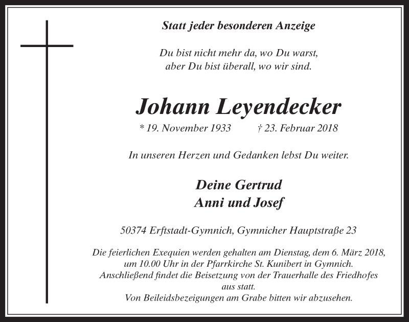  Traueranzeige für Johann Leyendecker vom 28.02.2018 aus  Werbepost 