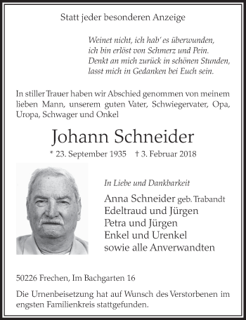 Anzeige von Johann Schneider von  Sonntags-Post 