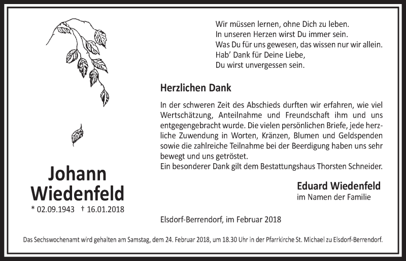  Traueranzeige für Johann Wiedenfeld vom 17.02.2018 aus  Sonntags-Post 