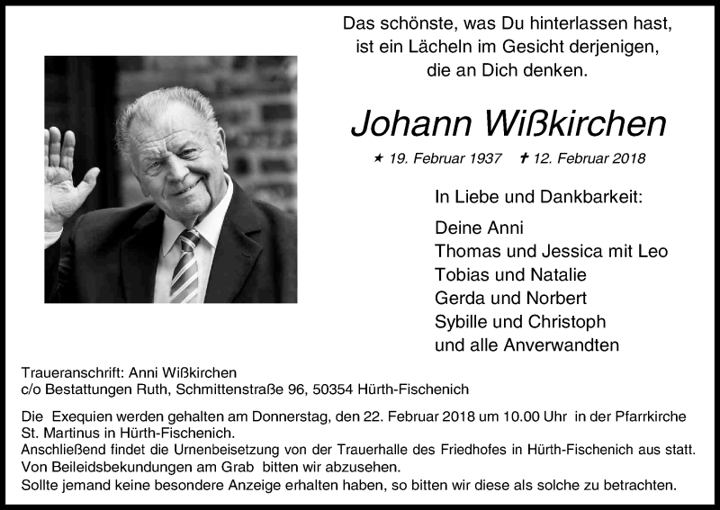  Traueranzeige für Johann Wißkirchen vom 17.02.2018 aus Kölner Stadt-Anzeiger / Kölnische Rundschau / Express