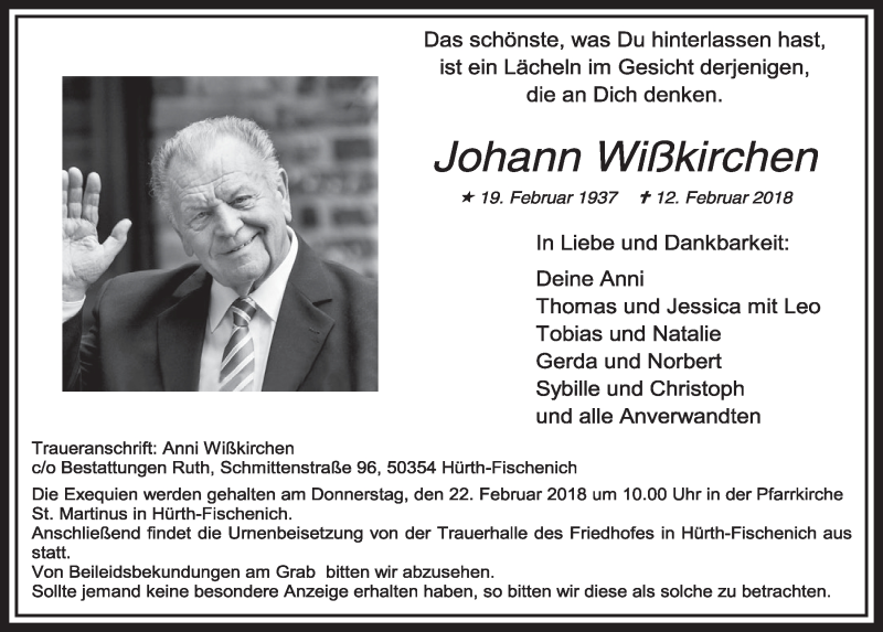  Traueranzeige für Johann Wißkirchen vom 17.02.2018 aus  Sonntags-Post 