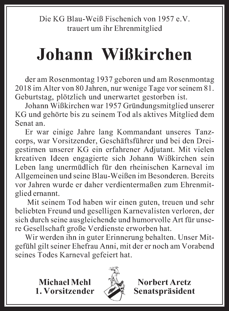 Traueranzeige für Johann Wißkirchen vom 21.02.2018 aus  Wochenende 