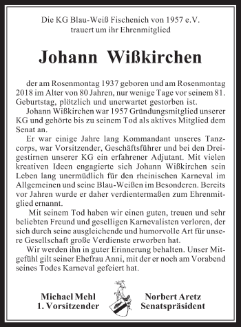 Anzeige von Johann Wißkirchen von  Wochenende 
