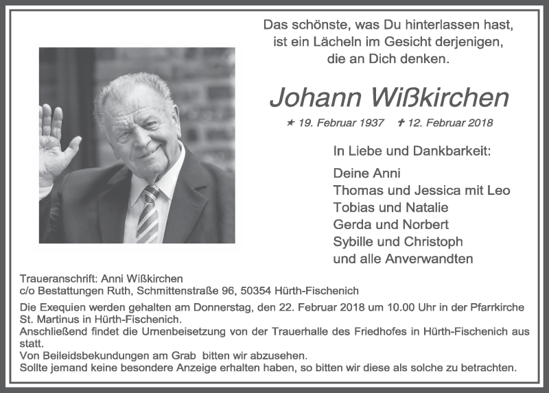  Traueranzeige für Johann Wißkirchen vom 21.02.2018 aus  Wochenende 
