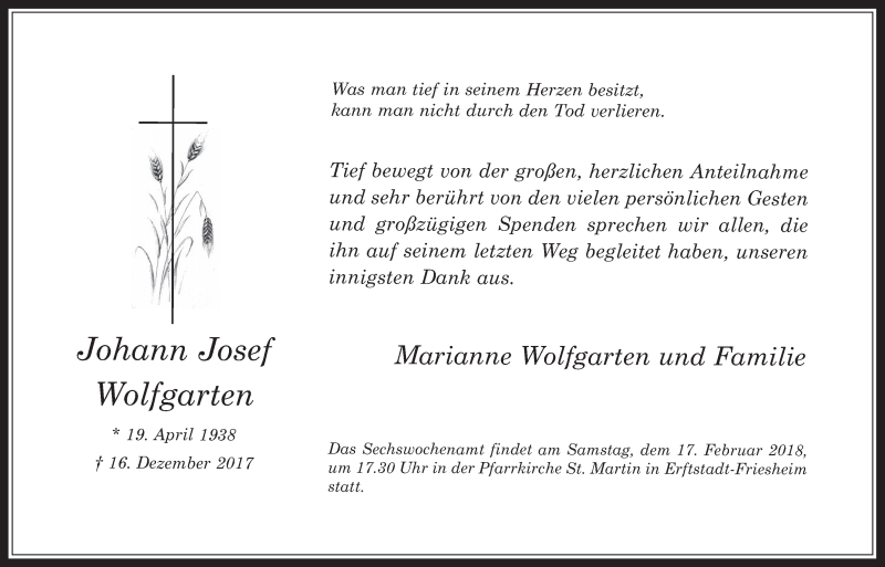  Traueranzeige für Johann Josef Wolfgarten vom 07.02.2018 aus  Werbepost 