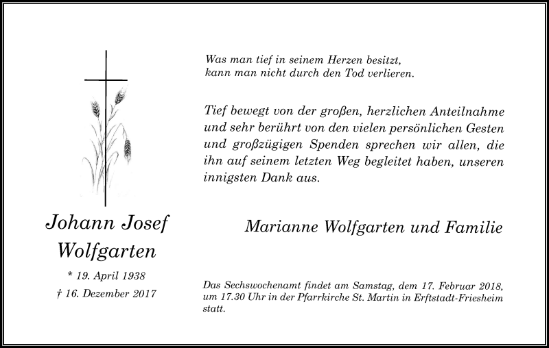  Traueranzeige für Johann Josef Wolfgarten vom 10.02.2018 aus Kölner Stadt-Anzeiger / Kölnische Rundschau / Express