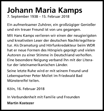 Anzeige von Johann Maria Kamps von Kölner Stadt-Anzeiger / Kölnische Rundschau / Express