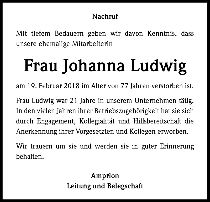  Traueranzeige für Johanna Ludwig vom 01.03.2018 aus Kölner Stadt-Anzeiger / Kölnische Rundschau / Express
